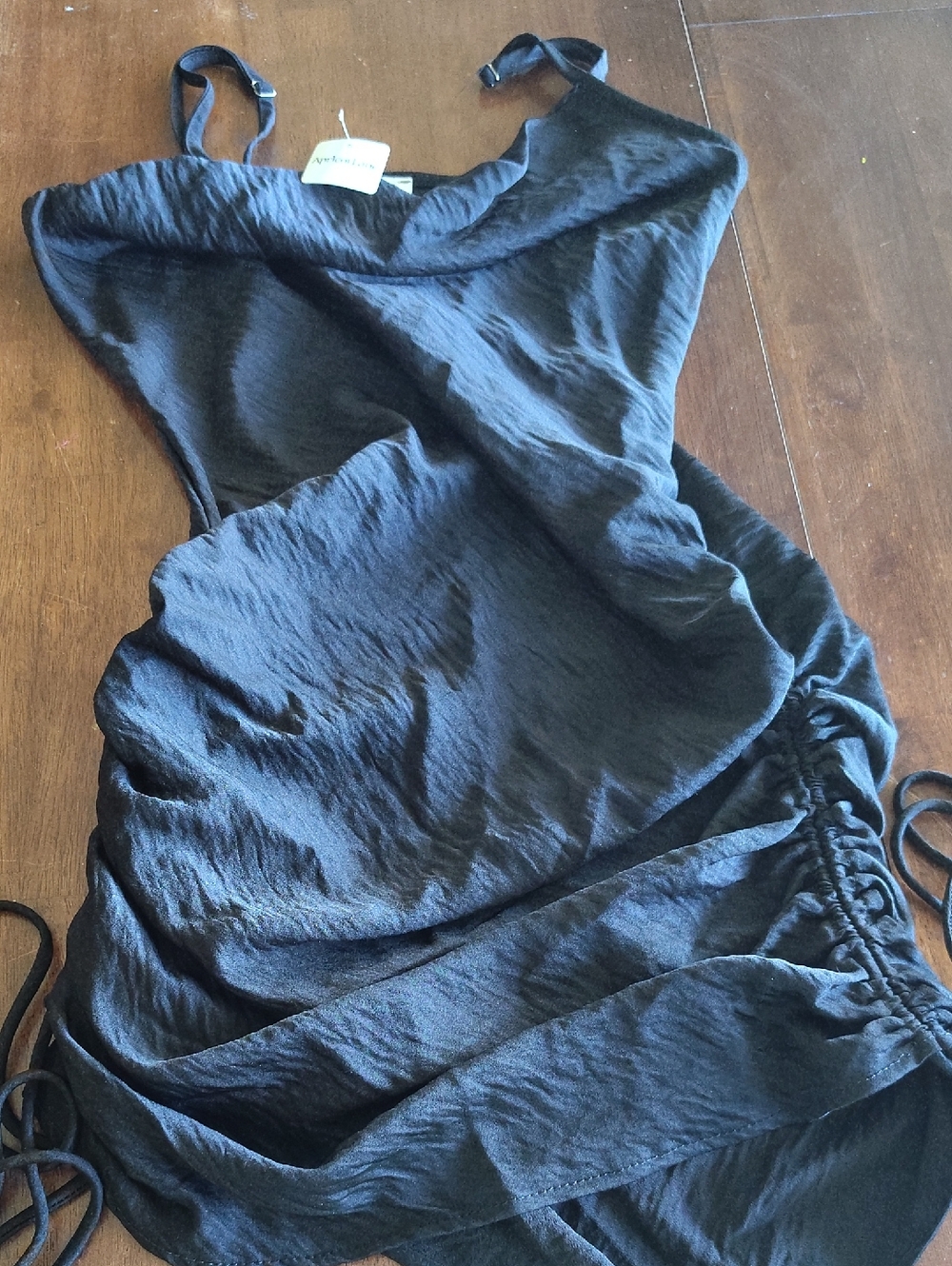 Black Satin Slip Dress with Adjustable Straps & Side Scrunching Ties